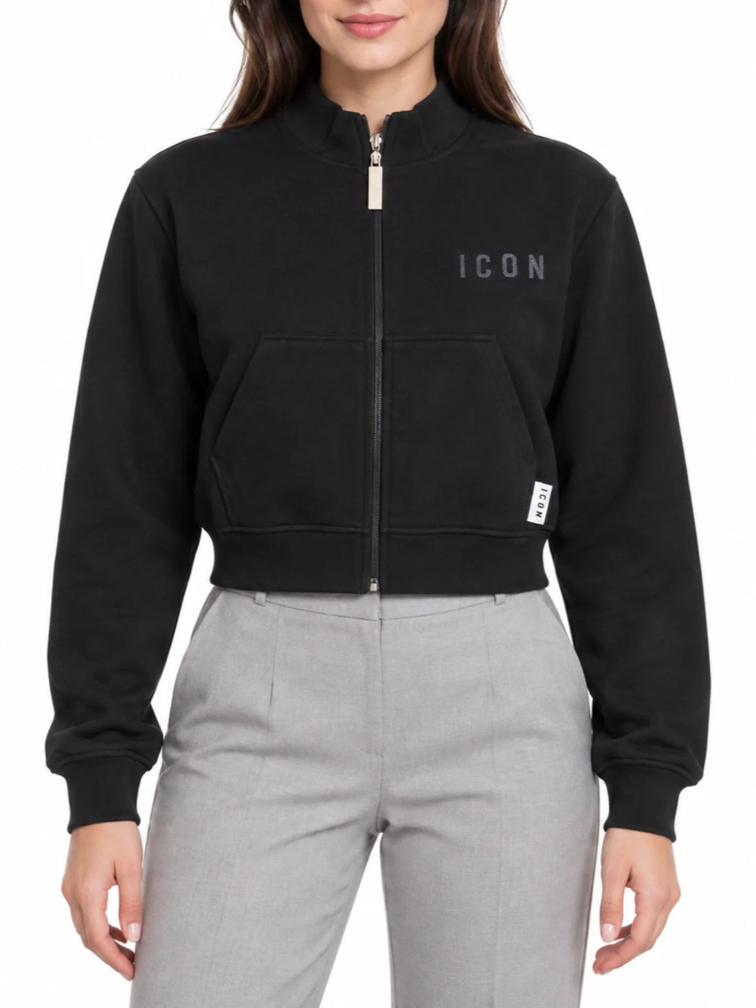 Icon felpa con zip donna logo glitter nero