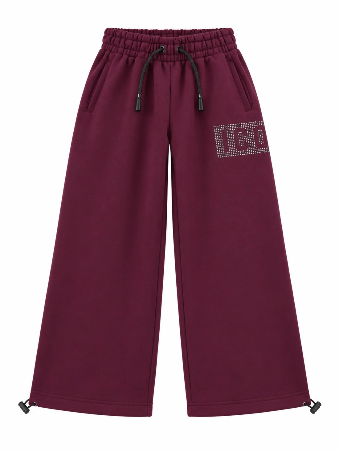 Icon pantaloni bambina wide leg con logo strass borgogna