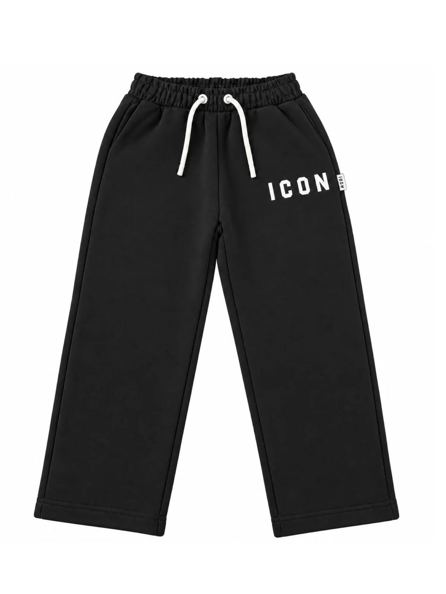 Icon pantaloni bambino gamba larga in misto cotone felpato nero