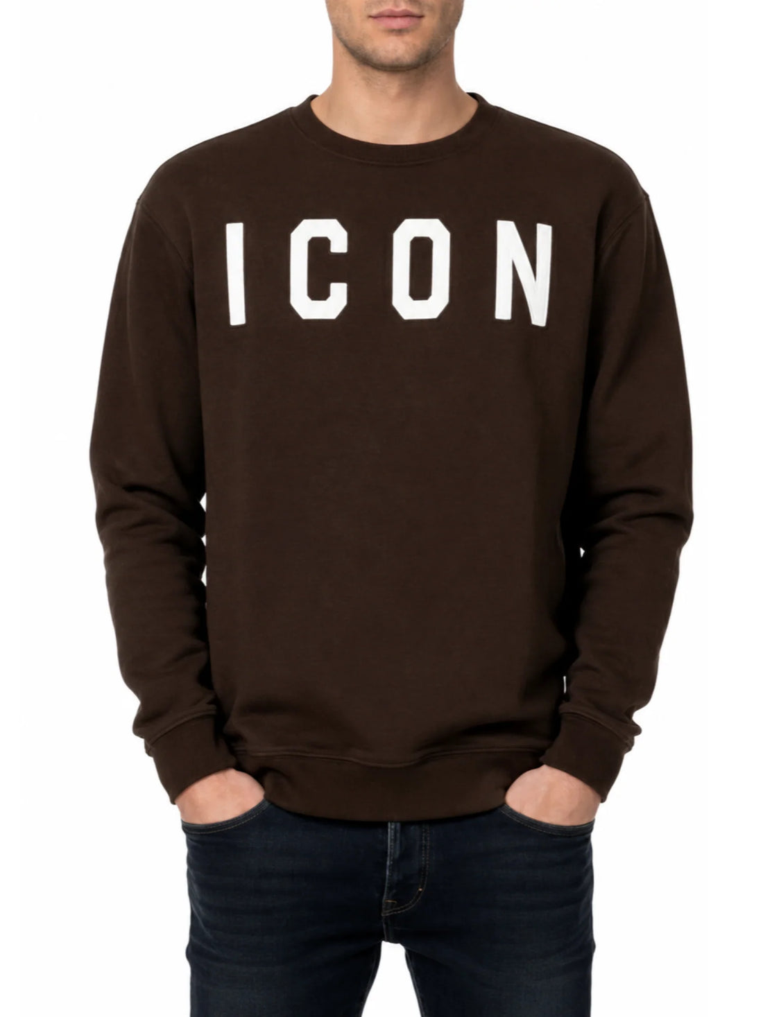 Icon felpa uomo in cotone felpato stampa logo marrone
