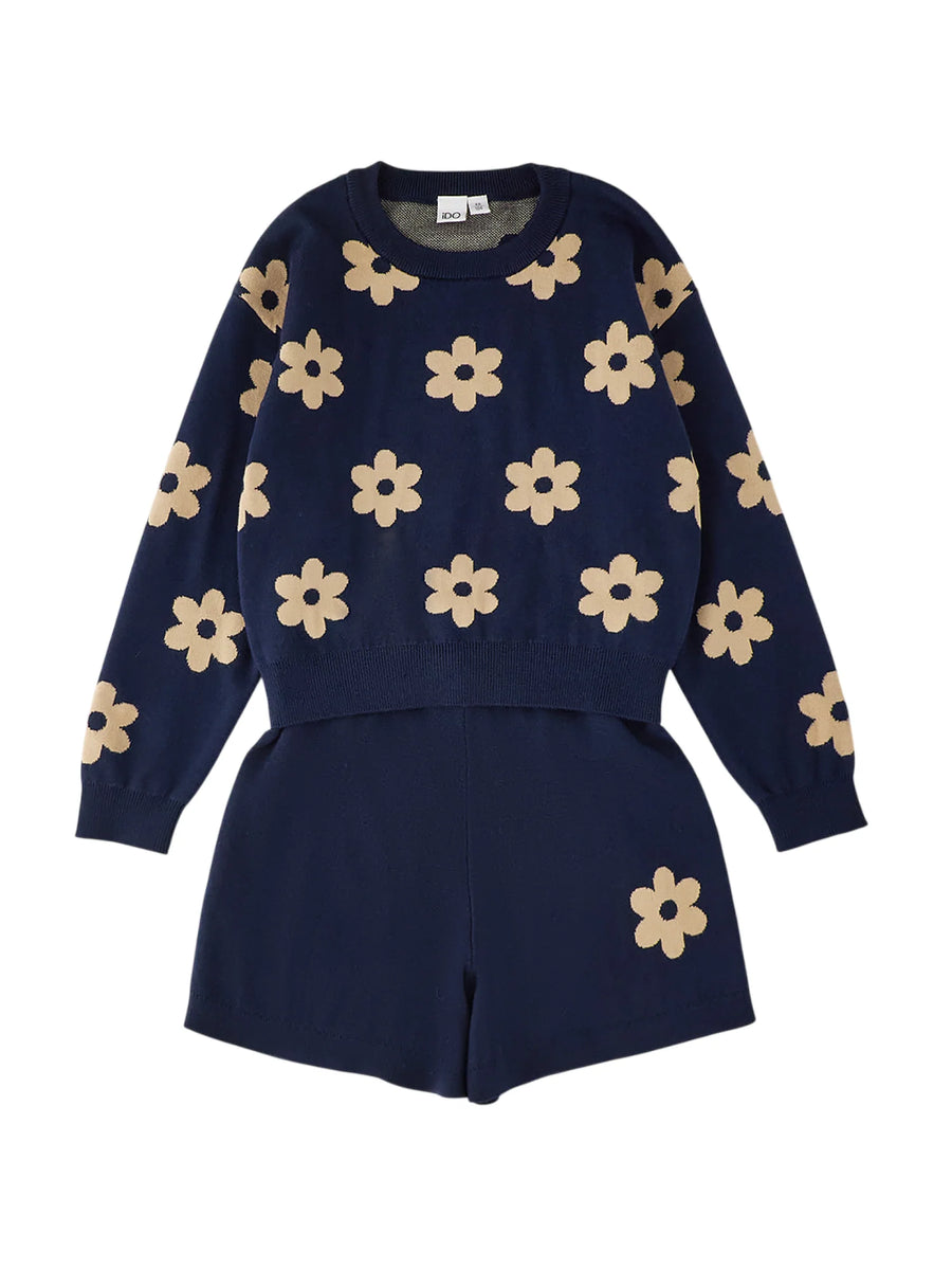 iDo completo neonata in maglia con fiorellini blu