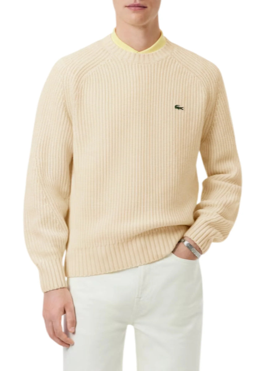 Lacoste maglia girocollo uomo in pura lana color crema