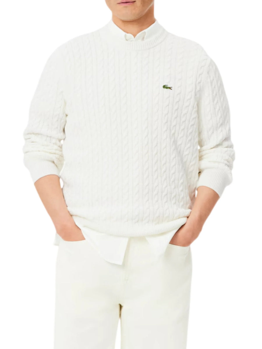 Lacoste maglia uomo con trecce misto cotone panna