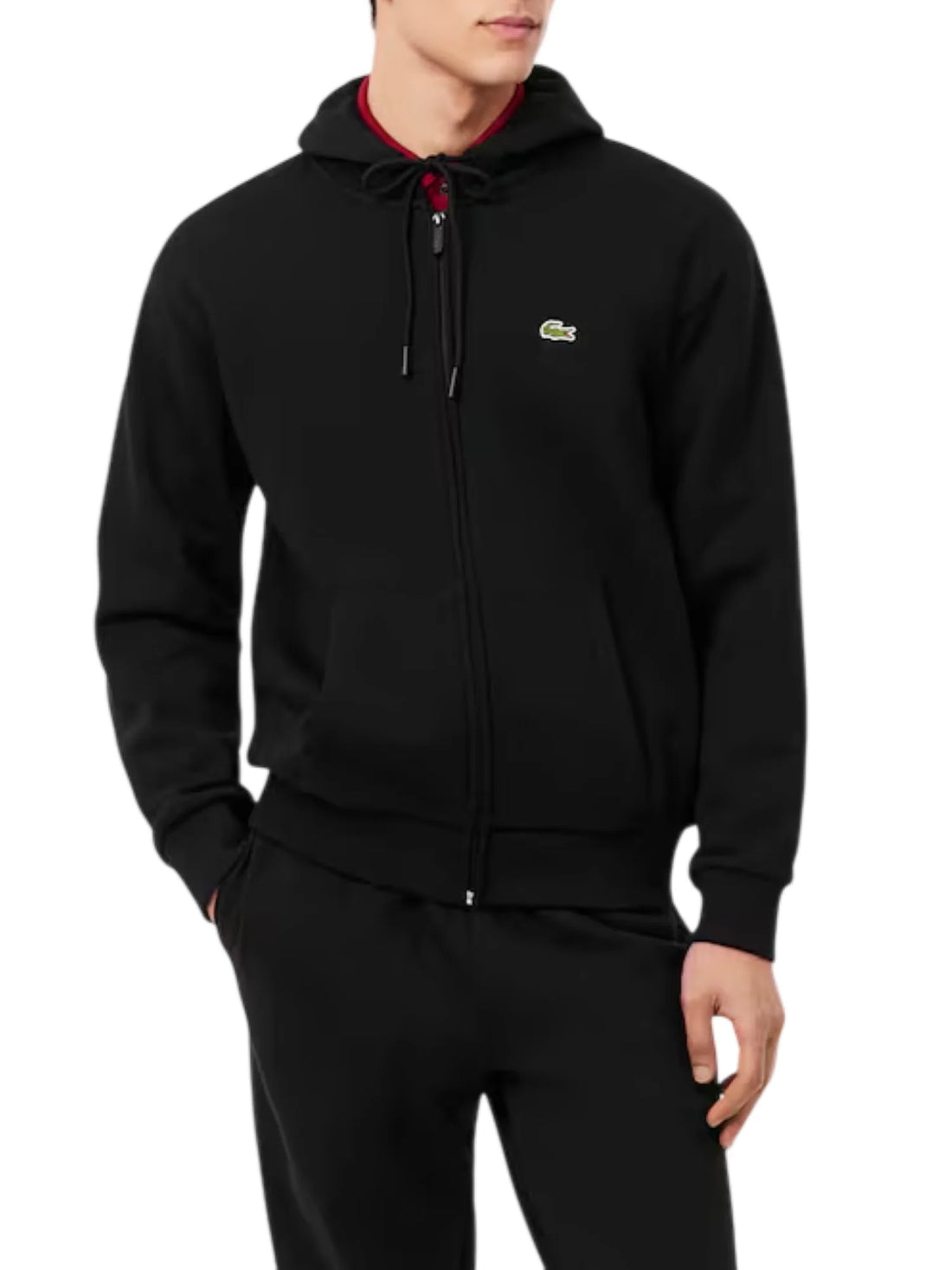Lacoste felpa uomo con zip e cappuccio in cotone felpato nero