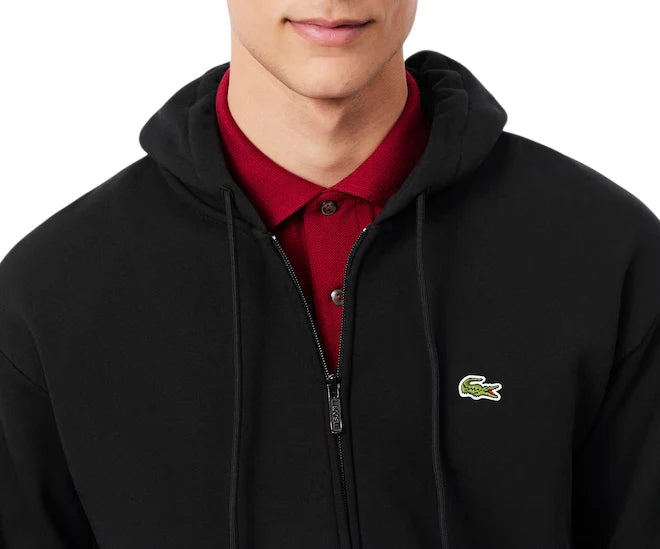 Lacoste felpa uomo con zip e cappuccio in cotone felpato nero