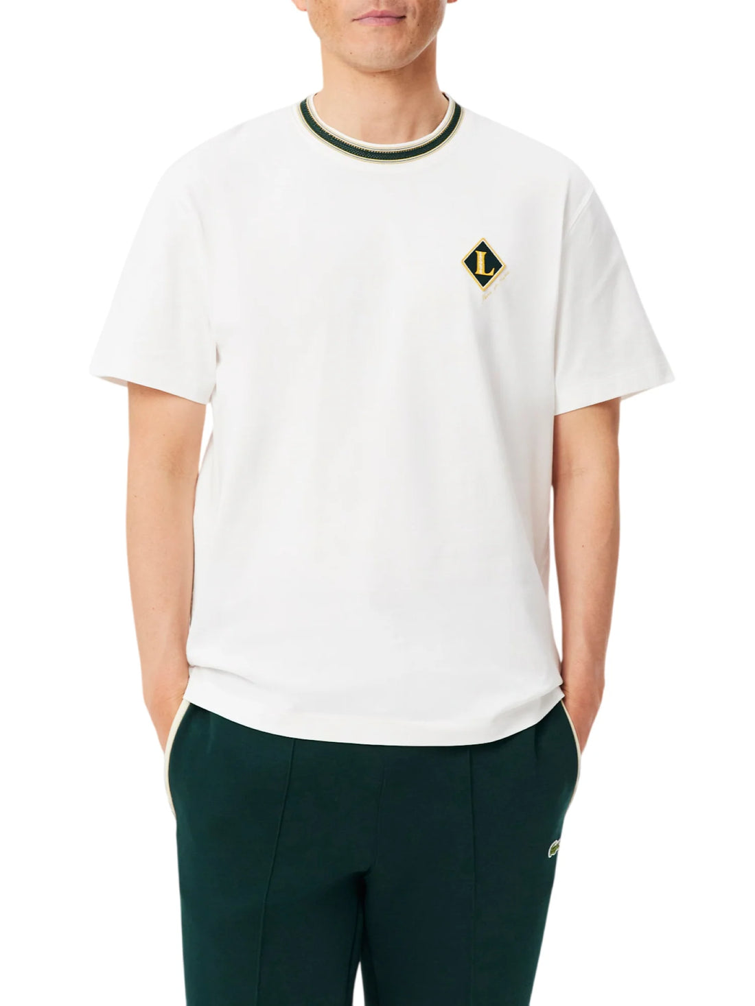 lacoste T-shirt manica corta uomo patch logo panna