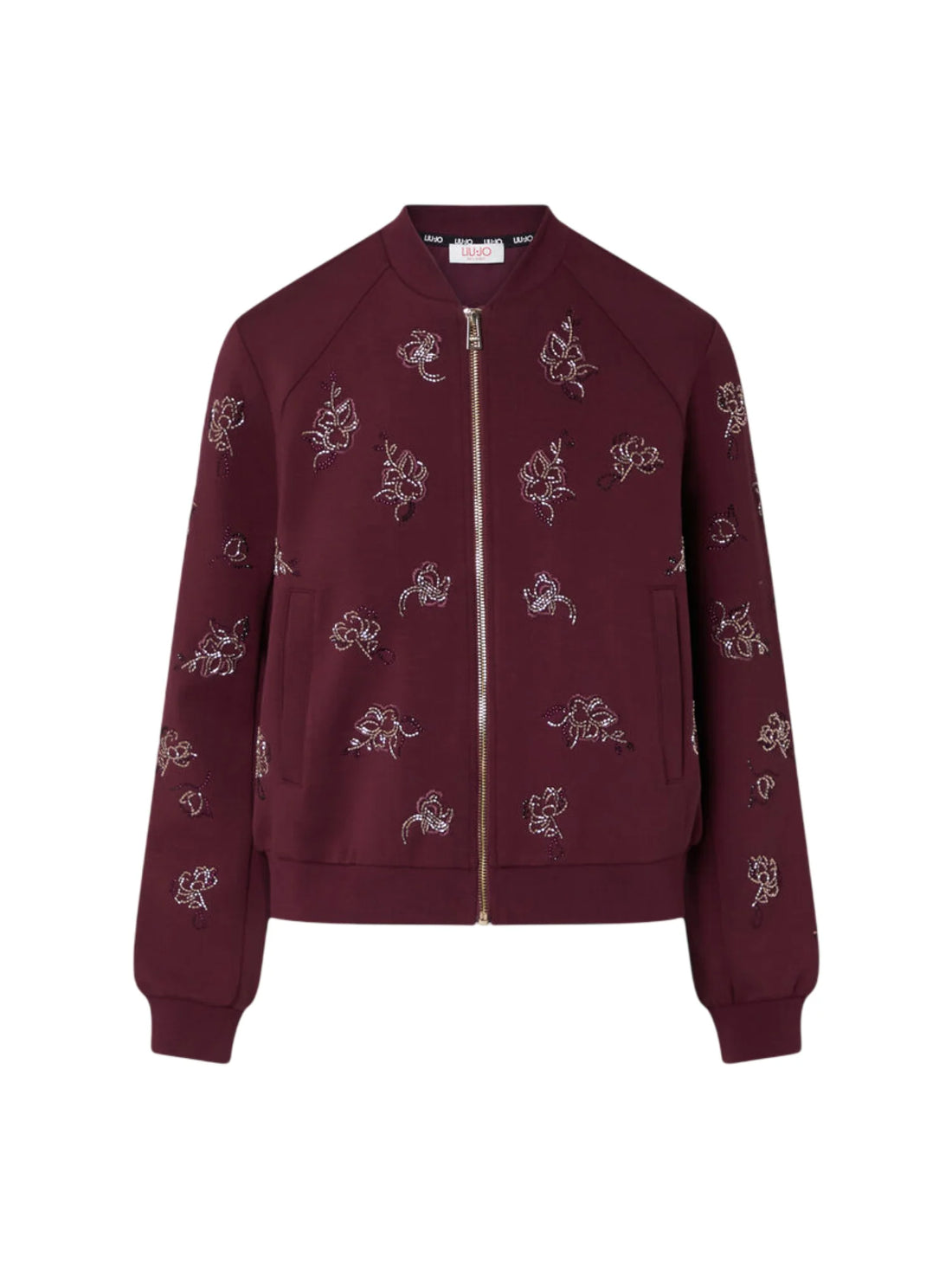 Liu Jo giacca con zip ricami floreali gioiello borgogna