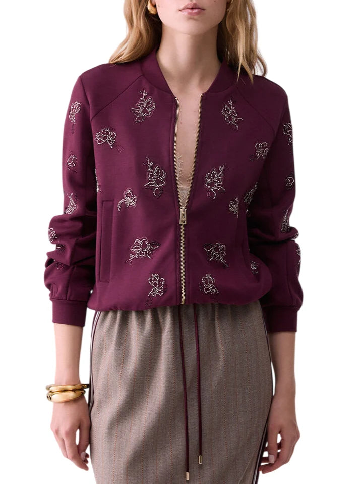 Liu Jo giacca con zip ricami floreali gioiello borgogna