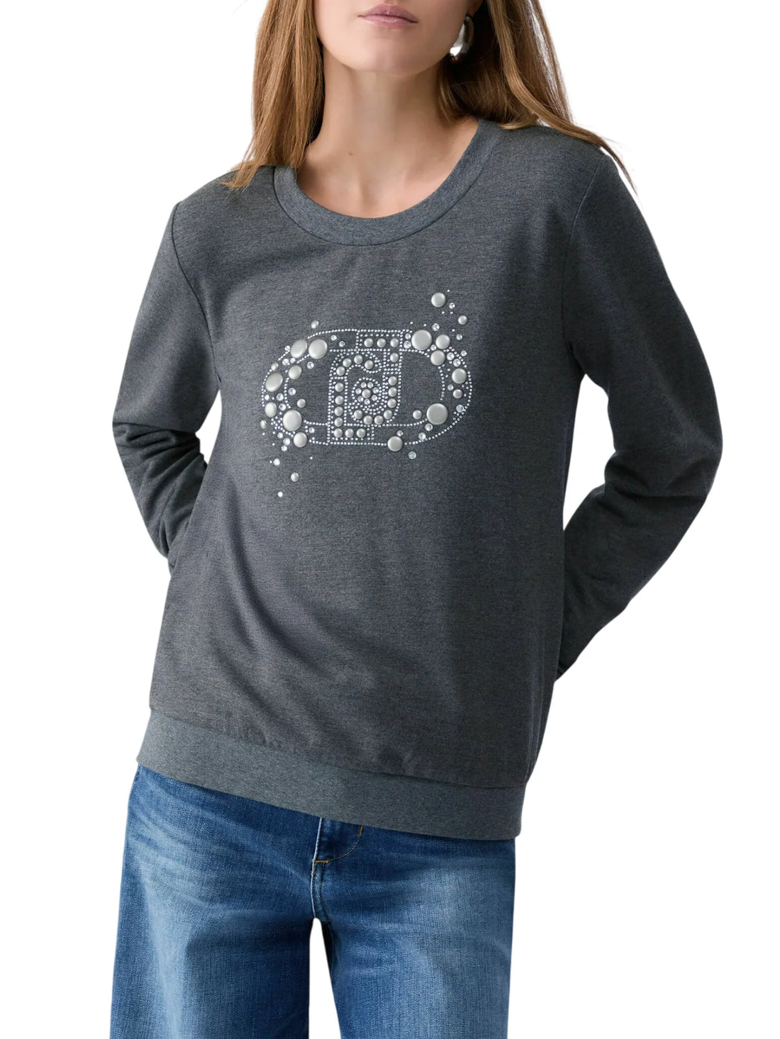 Liu Jo felpa donna misto viscosa felpata con logo gioiello grigio