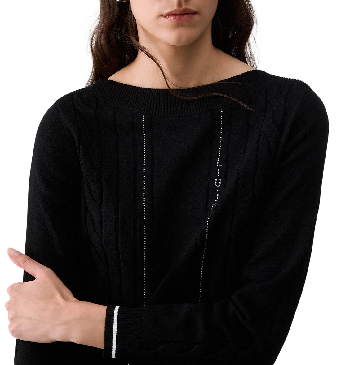 Liu Jo maglia donna scollo a barchetta con logo strass nero