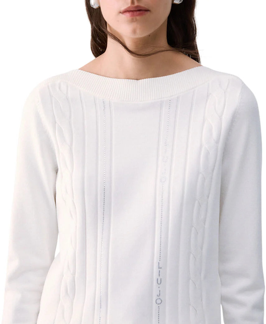 Liu Jo maglia donna scollo a barchetta con logo strass panna