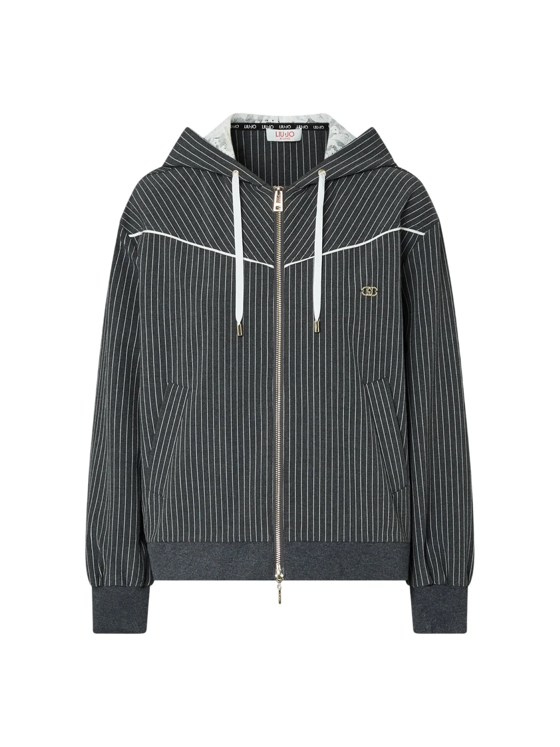 Liu Jo giacca gessata con zip e cappuccio grigio