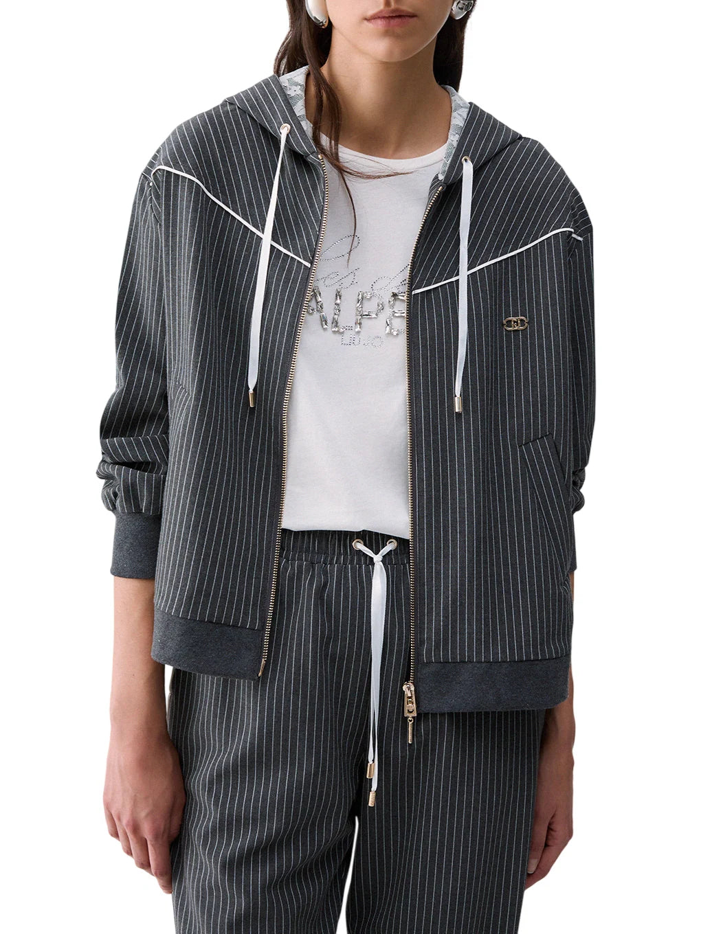 Liu Jo giacca gessata con zip e cappuccio grigio