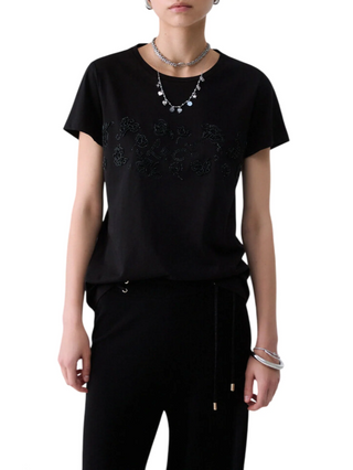 Liu Jo T-shirt donna manica corta con logo strass e ricami gioiello nero