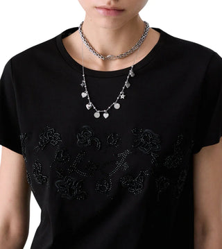 Liu Jo T-shirt donna manica corta con logo strass e ricami gioiello nero