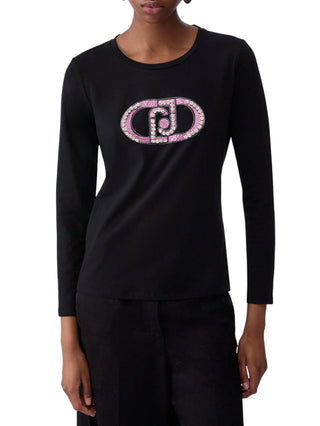Liu Jo T-shirt manica lunga con logo gioiello nero rosa