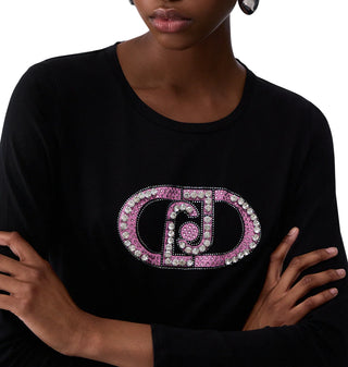 Liu Jo T-shirt manica lunga con logo gioiello nero rosa