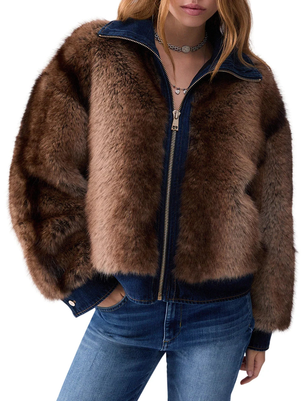 Liu Jo giubbino in denim donna con ecopelliccia beige blu