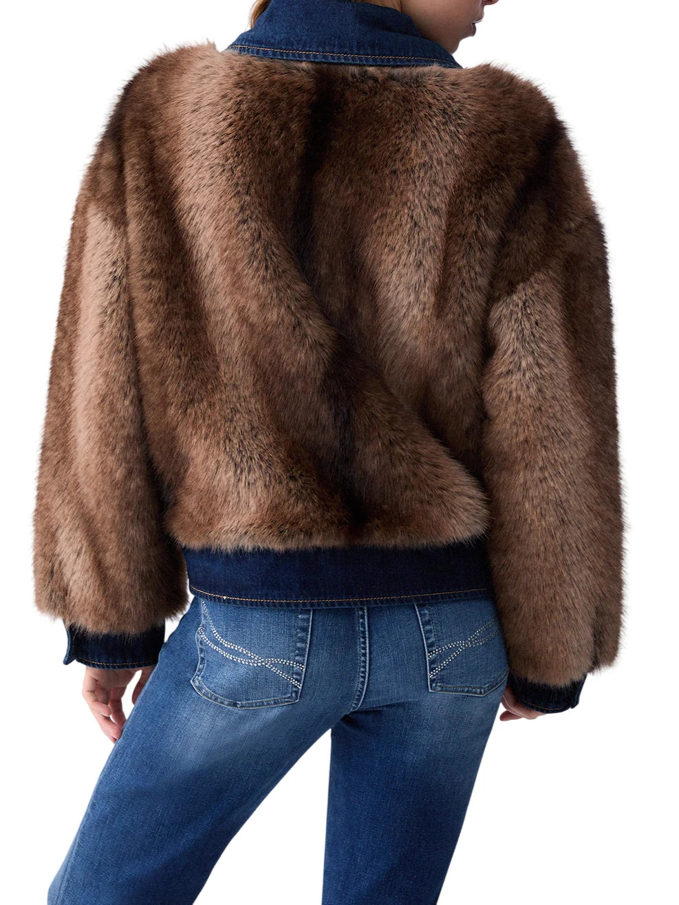 Liu Jo giubbino in denim donna con ecopelliccia beige blu