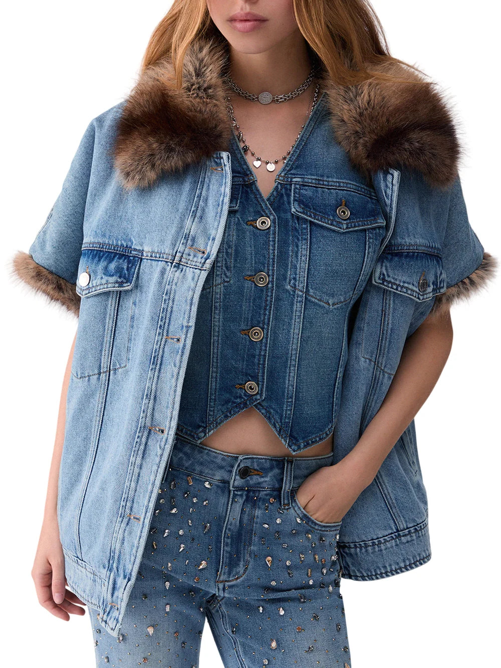 Liu Jo giubbino smanicato in denim con ecopelliccia lavaggio blu