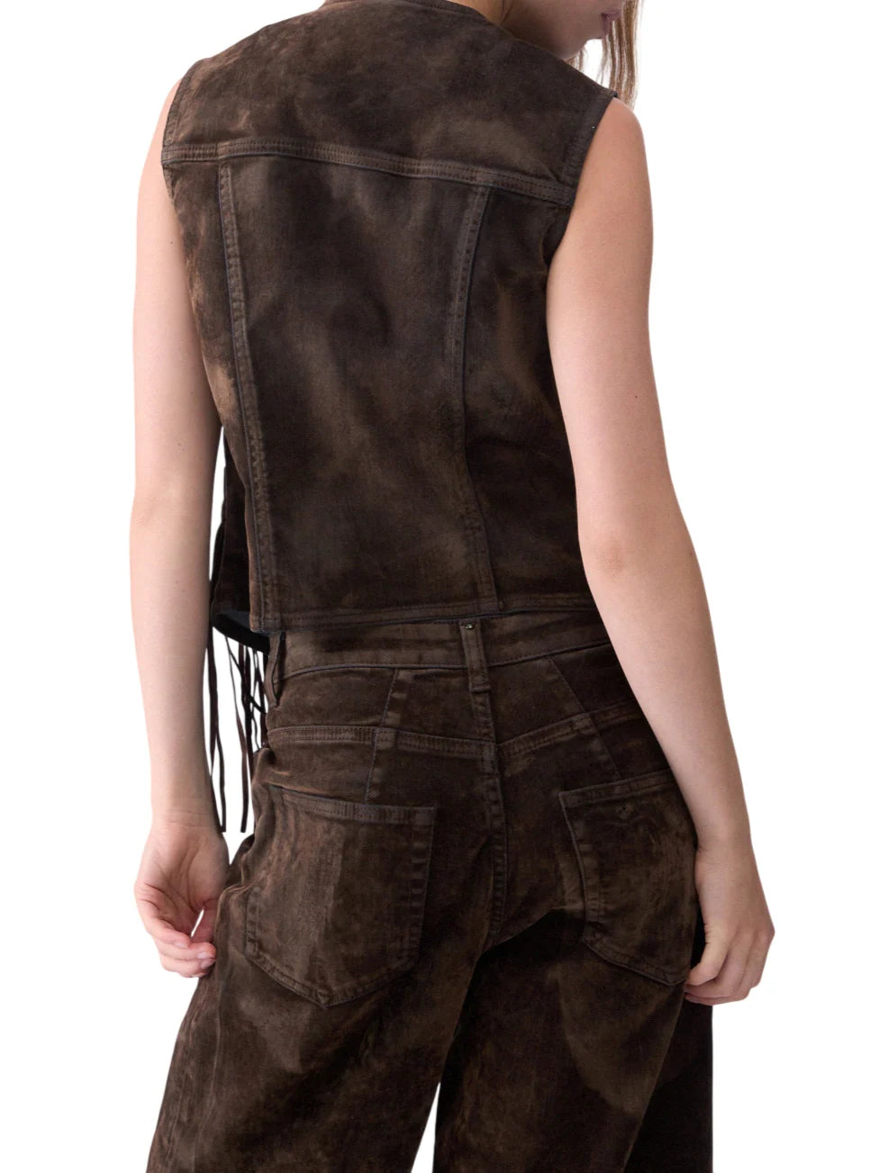 Liu Jo gilet donna in tessuto floccato con frange marrone