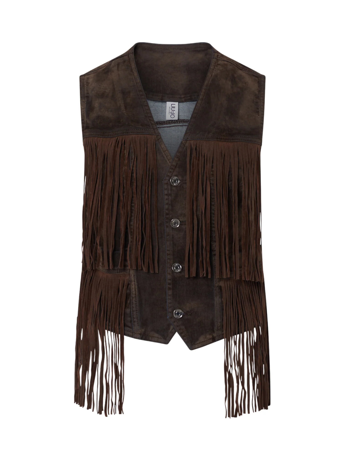 Liu Jo gilet donna in tessuto floccato con frange marrone