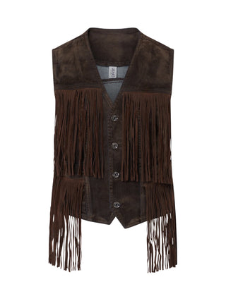 Liu Jo gilet donna in tessuto floccato con frange marrone UF6228D0363 79106 LIU JO