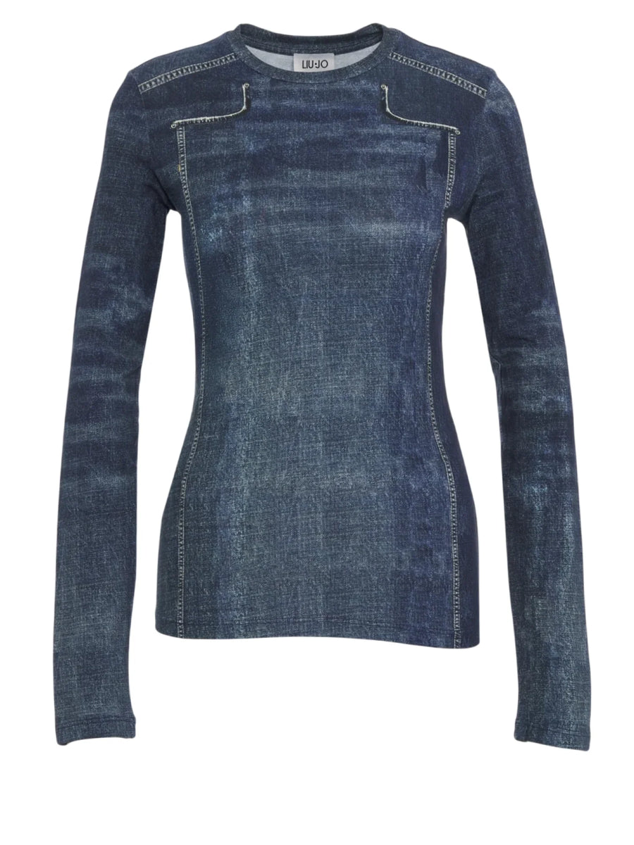 Liu Jo feat Elodie T-shirt manica lunga donna effetto denim lavaggio blu UF6515J1624 L9680 LIU JO 