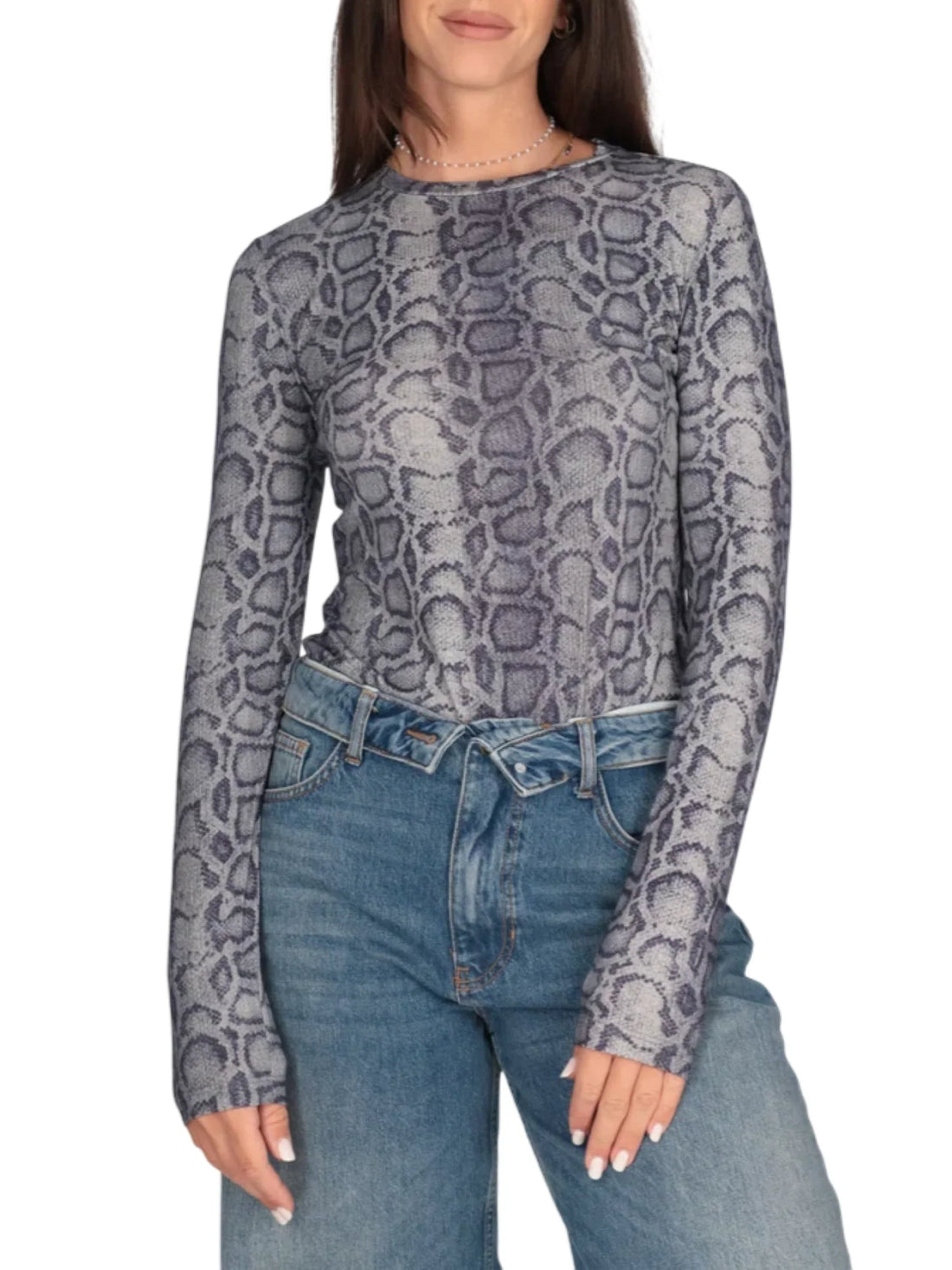 Liu Jo feat Elodie T-shirt manica lunga donna stampa pitonata lavaggio blu