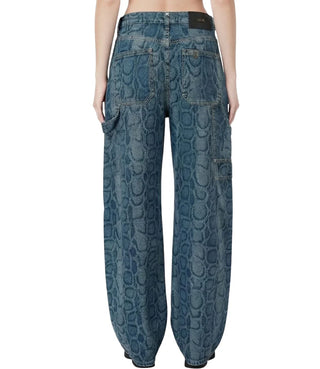 Liu Jo feat Elodie jeans wide leg stampa pitonata lavaggio blu medio