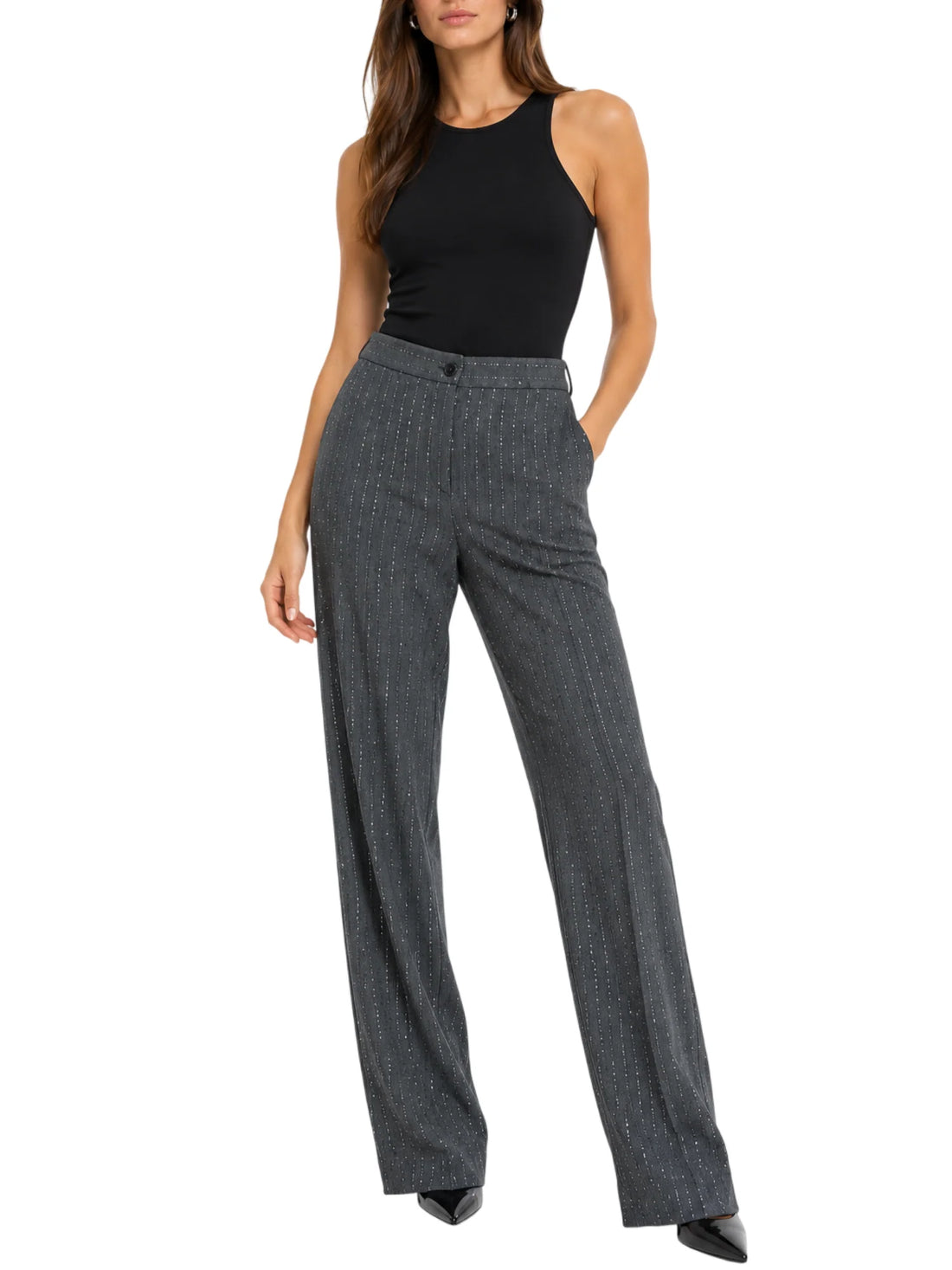 Lola by Sandro Ferrone pantaloni gamba larga gessati con paillettes grigio