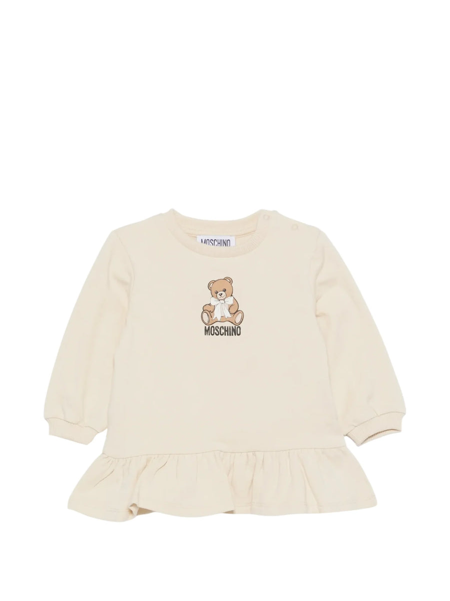 Moschino abito neonata in cotone felpato con orsetto beige