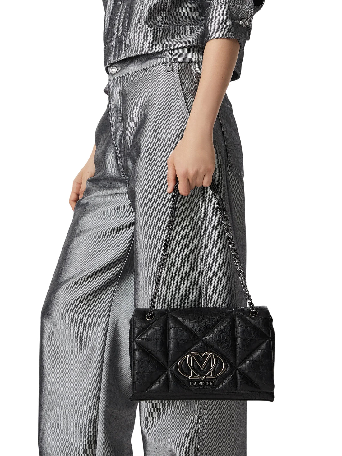 Love Moschino borsa a spalla in ecopelle trapuntata cocco nero argento