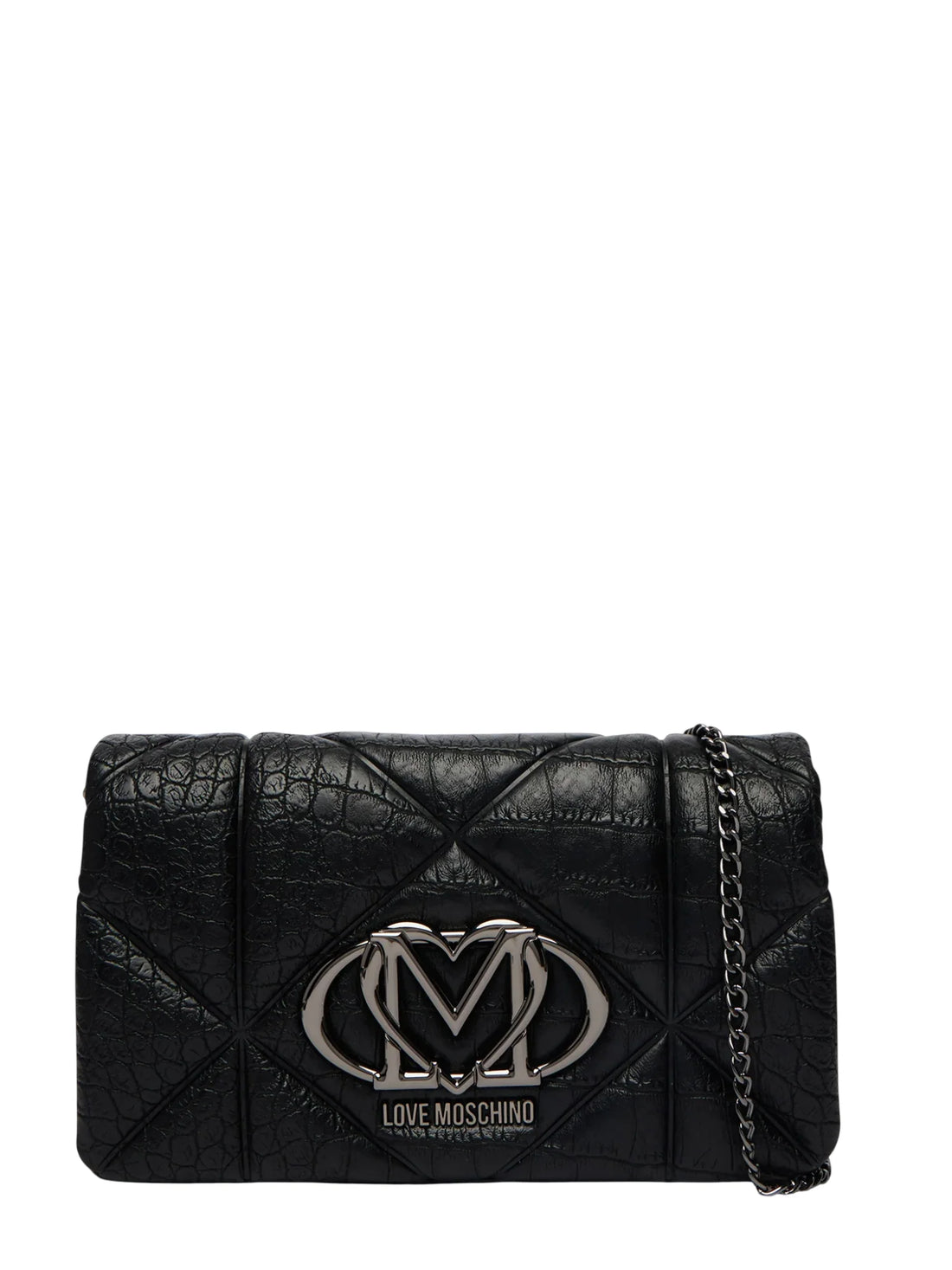 Love Moschino borsa a tracolla in ecopelle trapuntata effetto coccodrillo nero argento