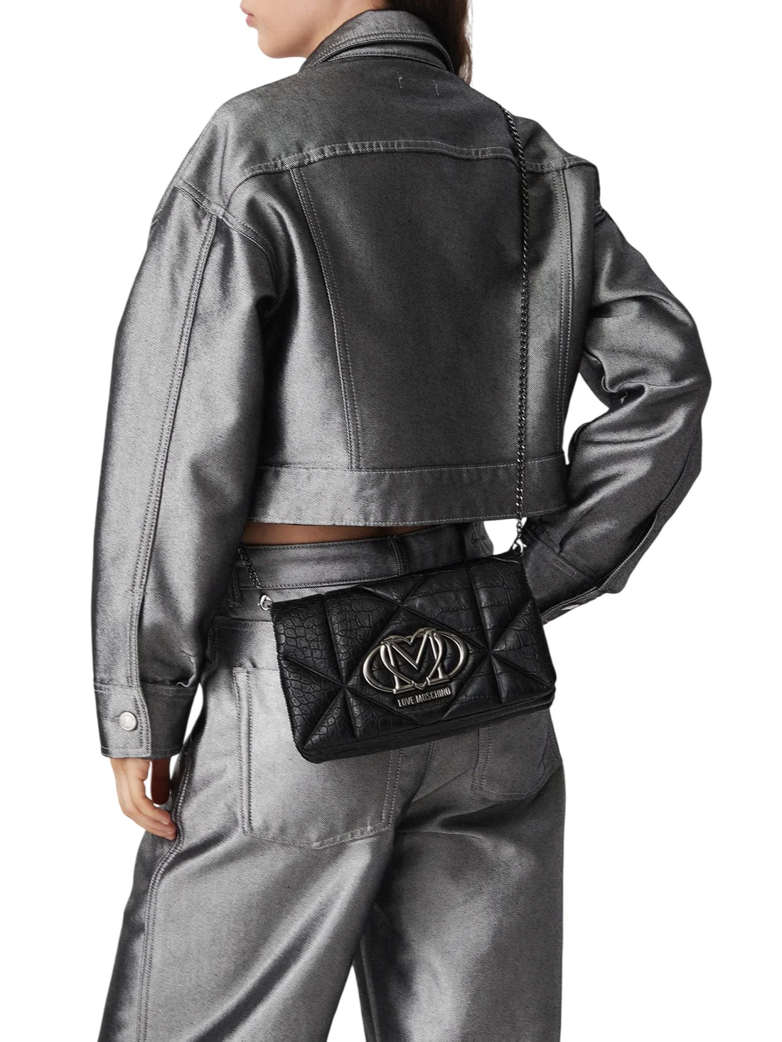 Love Moschino borsa a tracolla in ecopelle trapuntata effetto coccodrillo nero argento