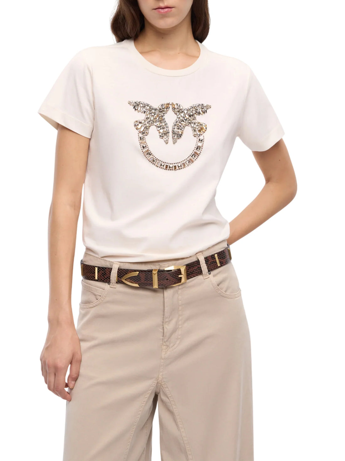 Pinko T-shirt Quentin manica corta con logo Love Birds gioiello marrone