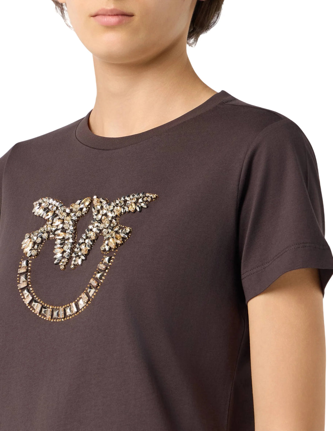 Pinko T-shirt Quentin manica corta con logo Love Birds gioiello marrone
