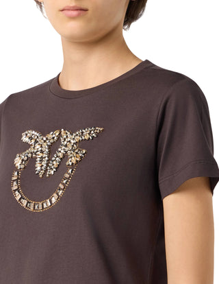 Pinko T-shirt Quentin manica corta con logo Love Birds gioiello marrone
