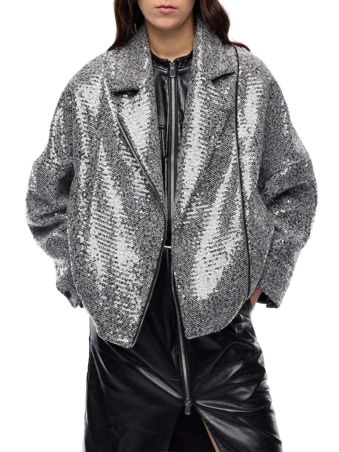 Pinko giubbino Bellis Blouson in panno chevron con paillettes grigio