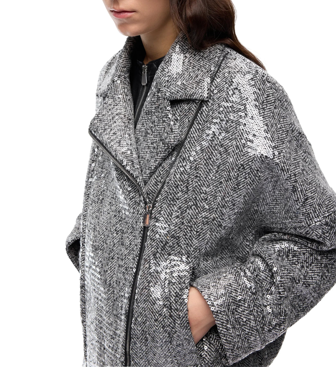Pinko giubbino Bellis Blouson in panno chevron con paillettes grigio