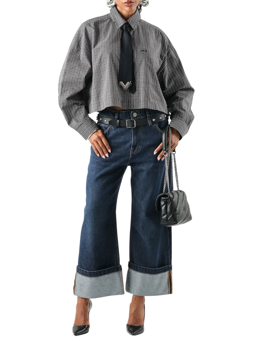 Pinko jeans crop Cyntia wide leg con cintura lavaggio blu