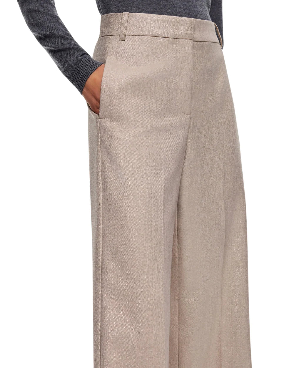 Pinko pantaloni wide leg Citroen in fresco lana laminato oro