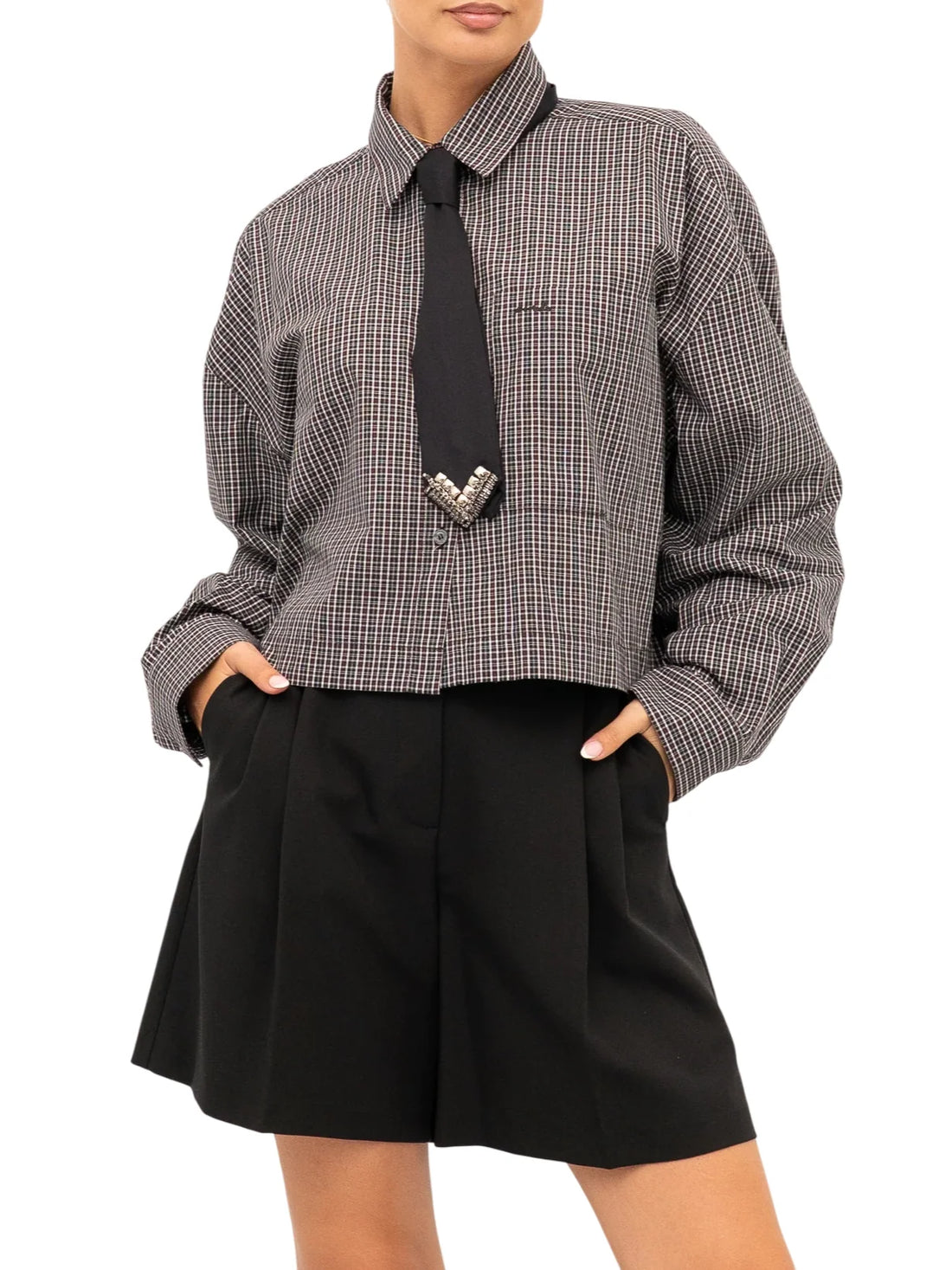 Pinko camicia donna Carlina in fantasia check con cravatta bordeaux nero