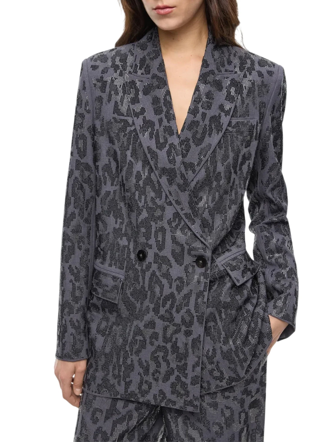 Pinko giacca doppiopetto Jaguar maculata con strass grigio
