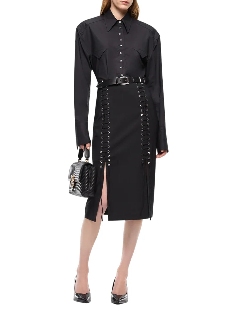 Pinko gonna midi in fresco lana con stringhe Gem nero