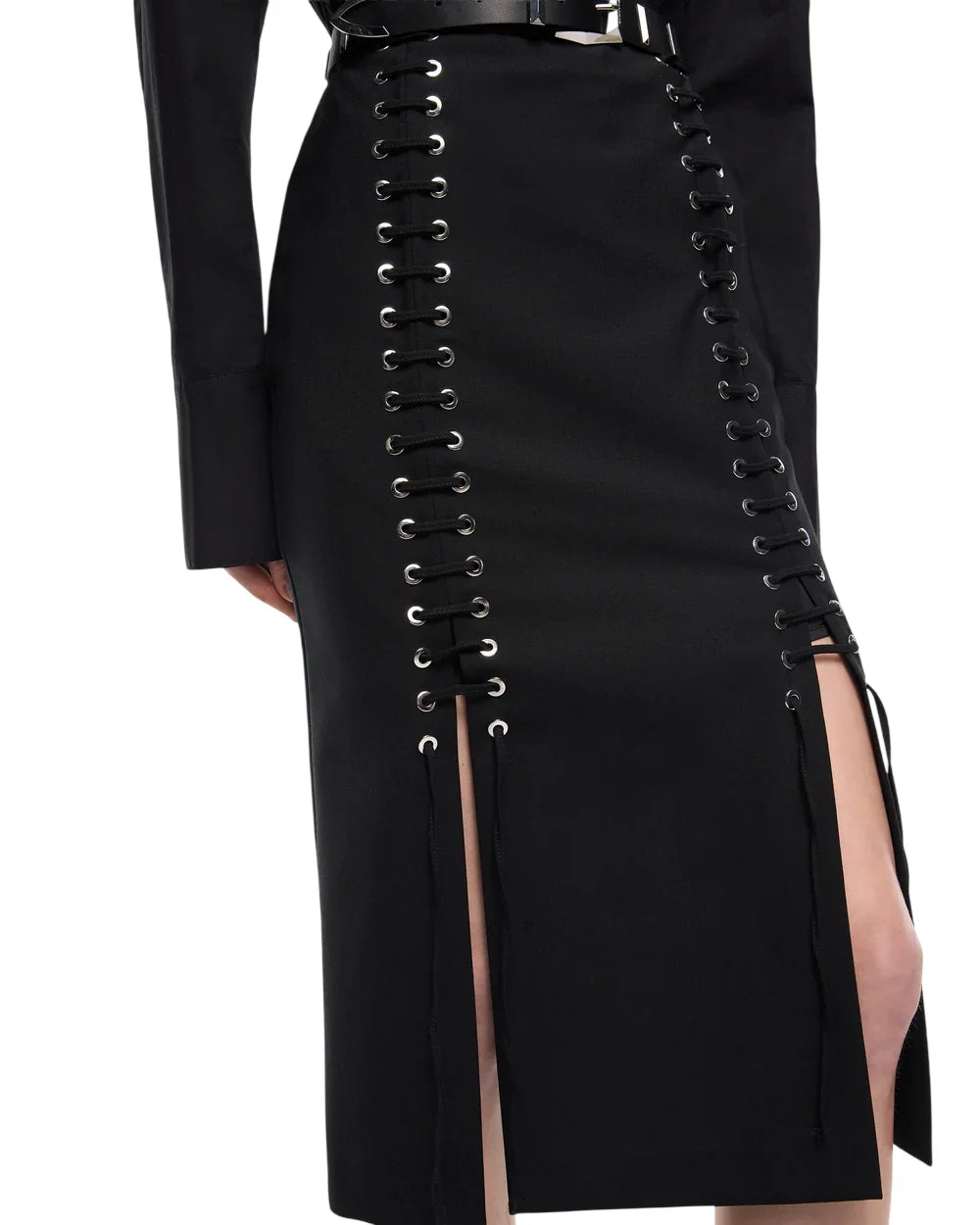 Pinko gonna midi in fresco lana con stringhe Gem nero