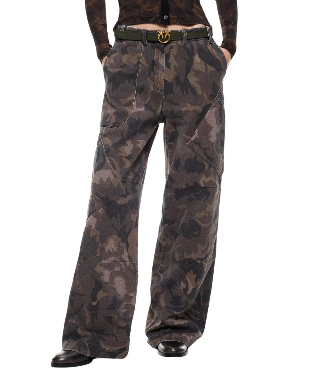 Pinko pantaloni in denim Haiku wide leg camouflage verde