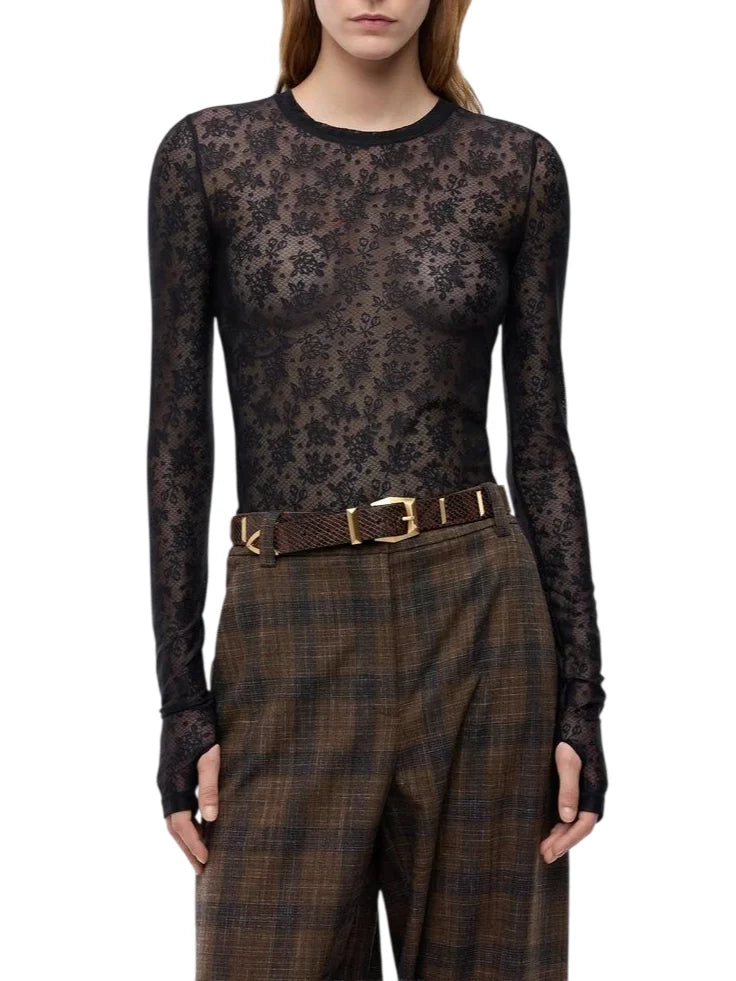Pinko T-shirt manica lunga in pizzo floreale Casalferro nero
