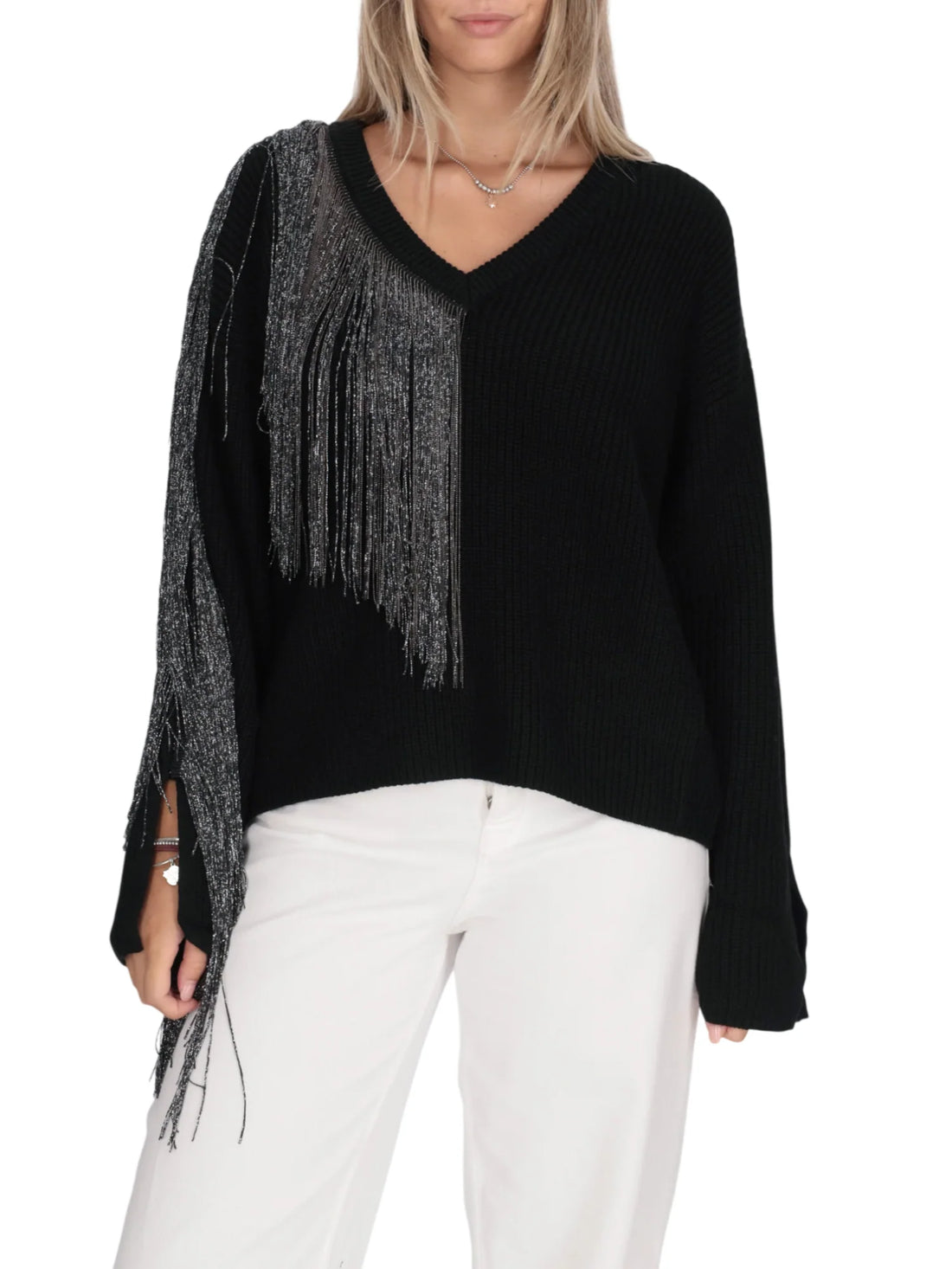 Pinko maglia donna Captiva misto lana con frange nero
