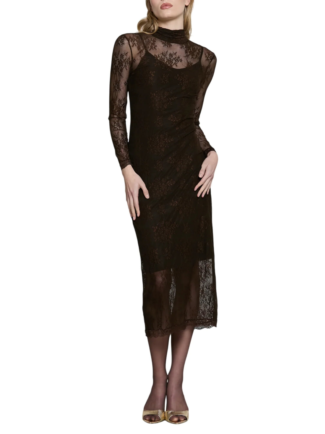 Relish abito midi Freyas in pizzo marrone